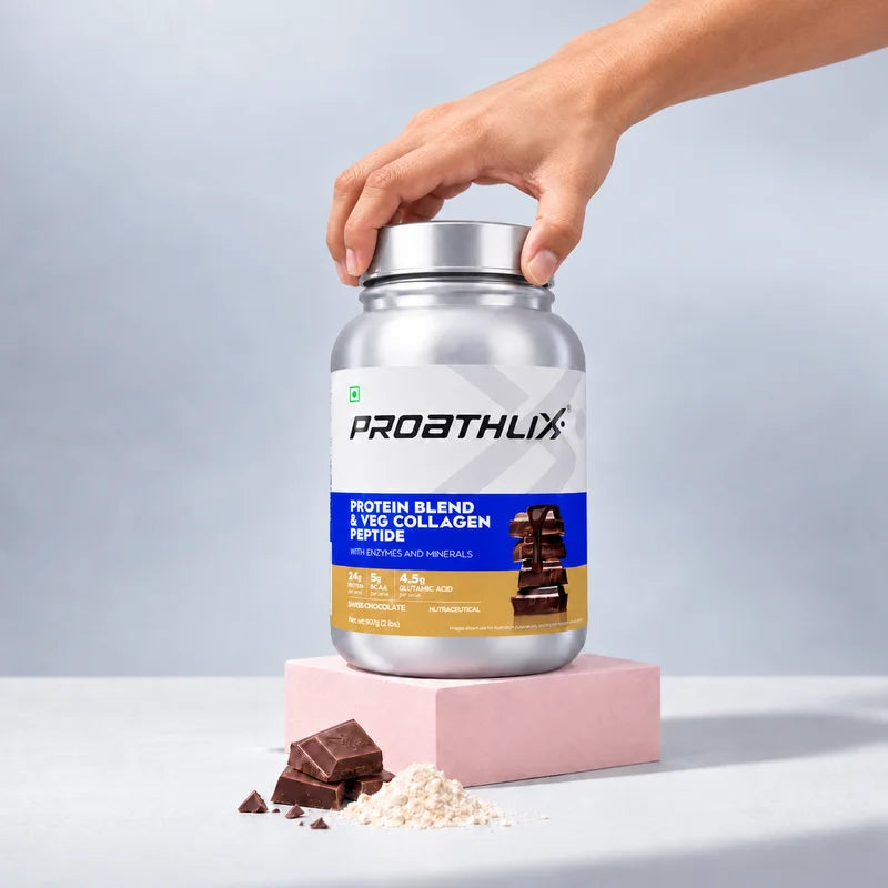 Proathlix Protein Blend and Veg Collagen Peptide supplement in Swiss chocolate flavor with protein powder and chocolate pieces
