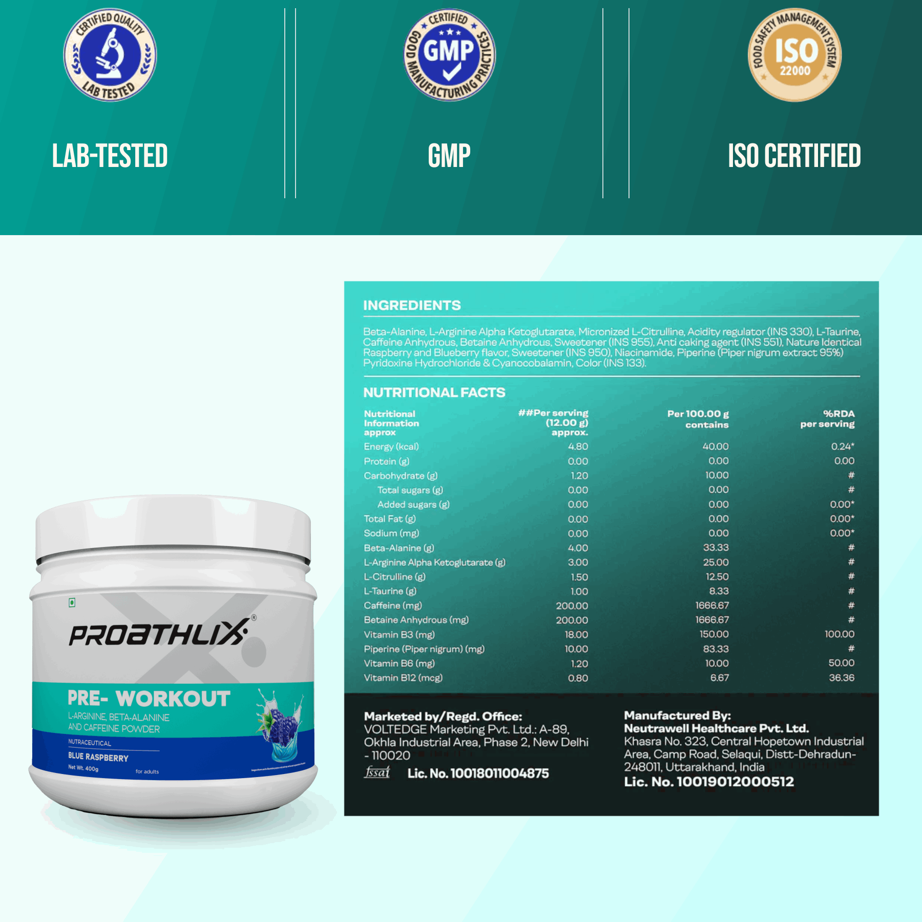 Proathlix Pre Workout (200mg Caffeine, 400gm)