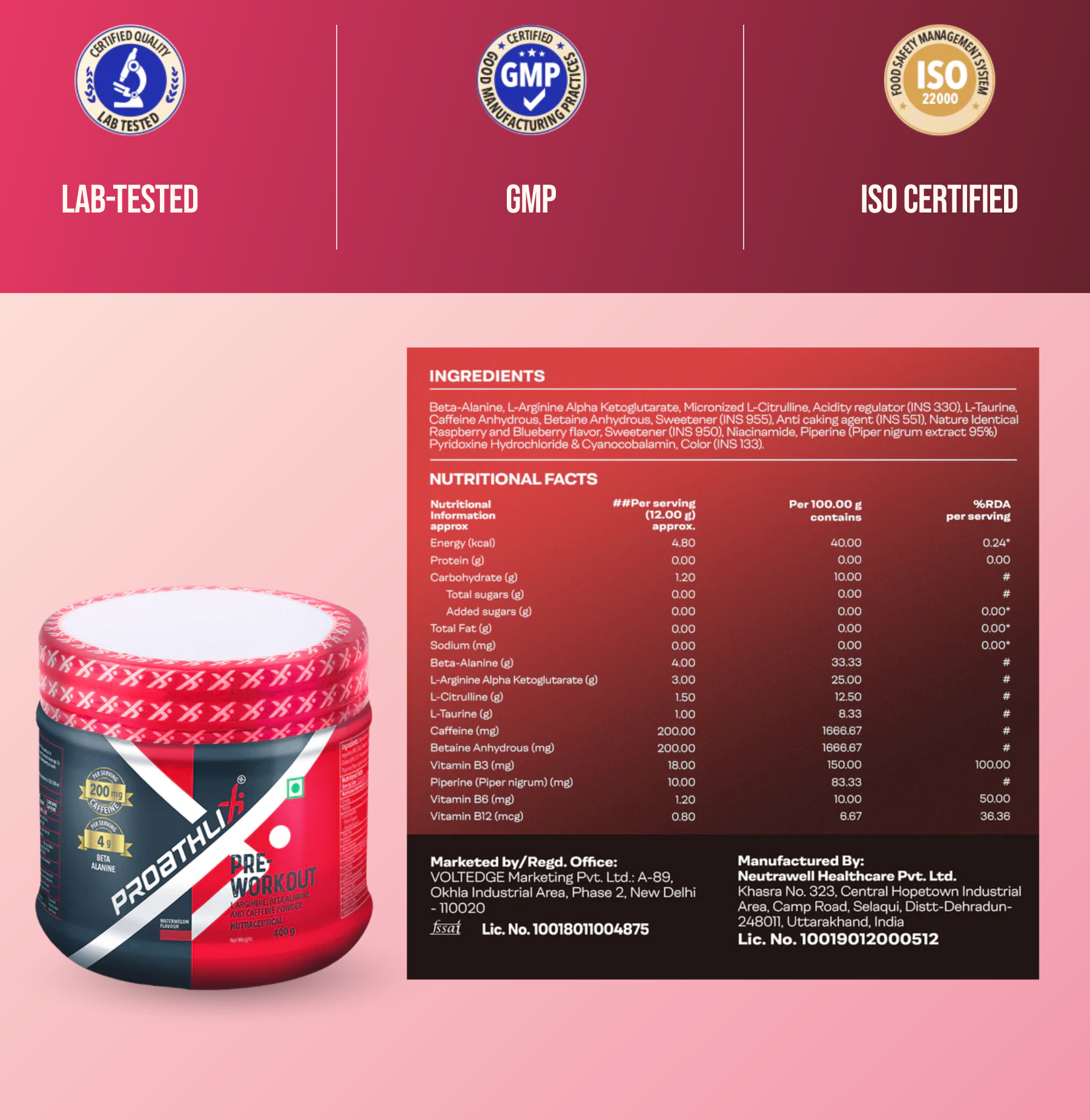 Proathlix Pre Workout (200mg Caffeine, 400gm)