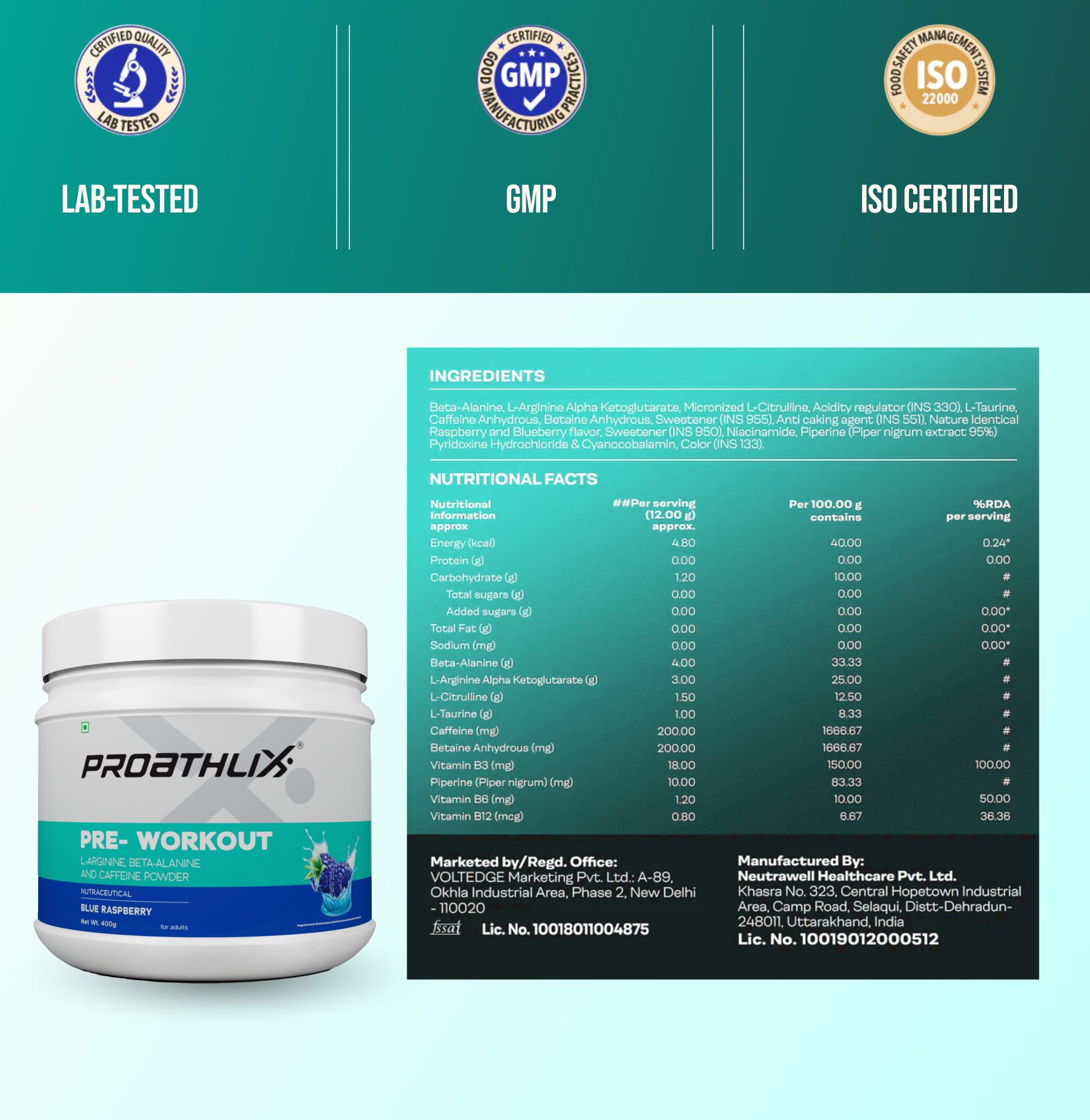 Proathlix Pre Workout (200mg Caffeine, 400gm)