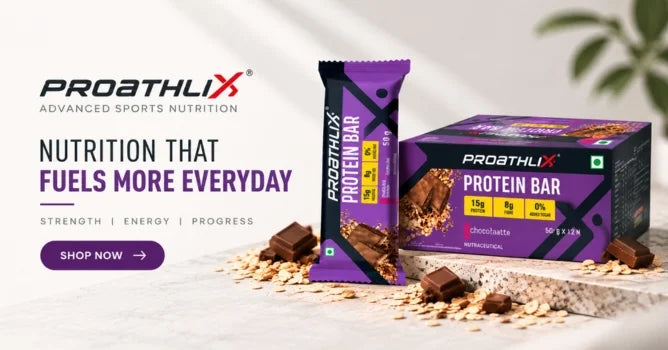 Proathlix Protein Bar nutrition supplement with chocolate flavor packaging and protein bar display