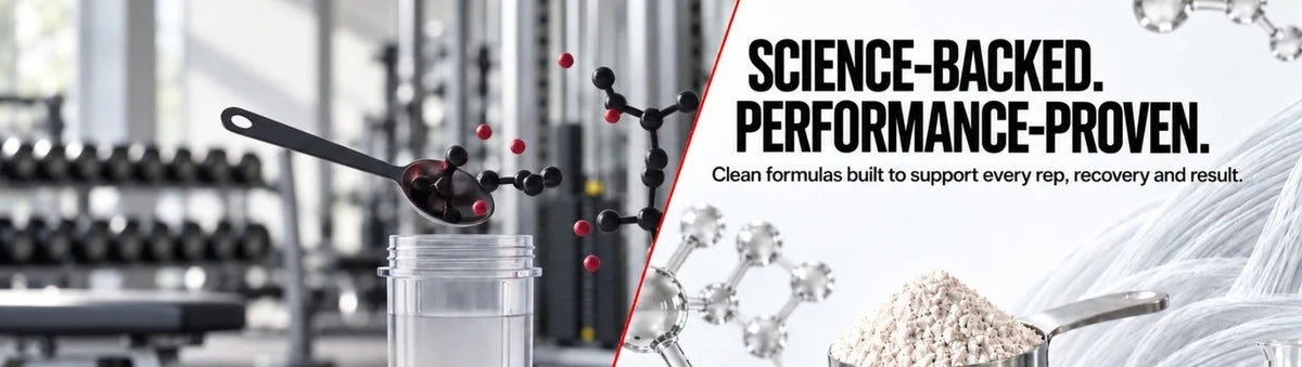 Proathlix science-backed sports nutrition with protein powder, molecular structures, and shaker bottle for workout performance and recovery