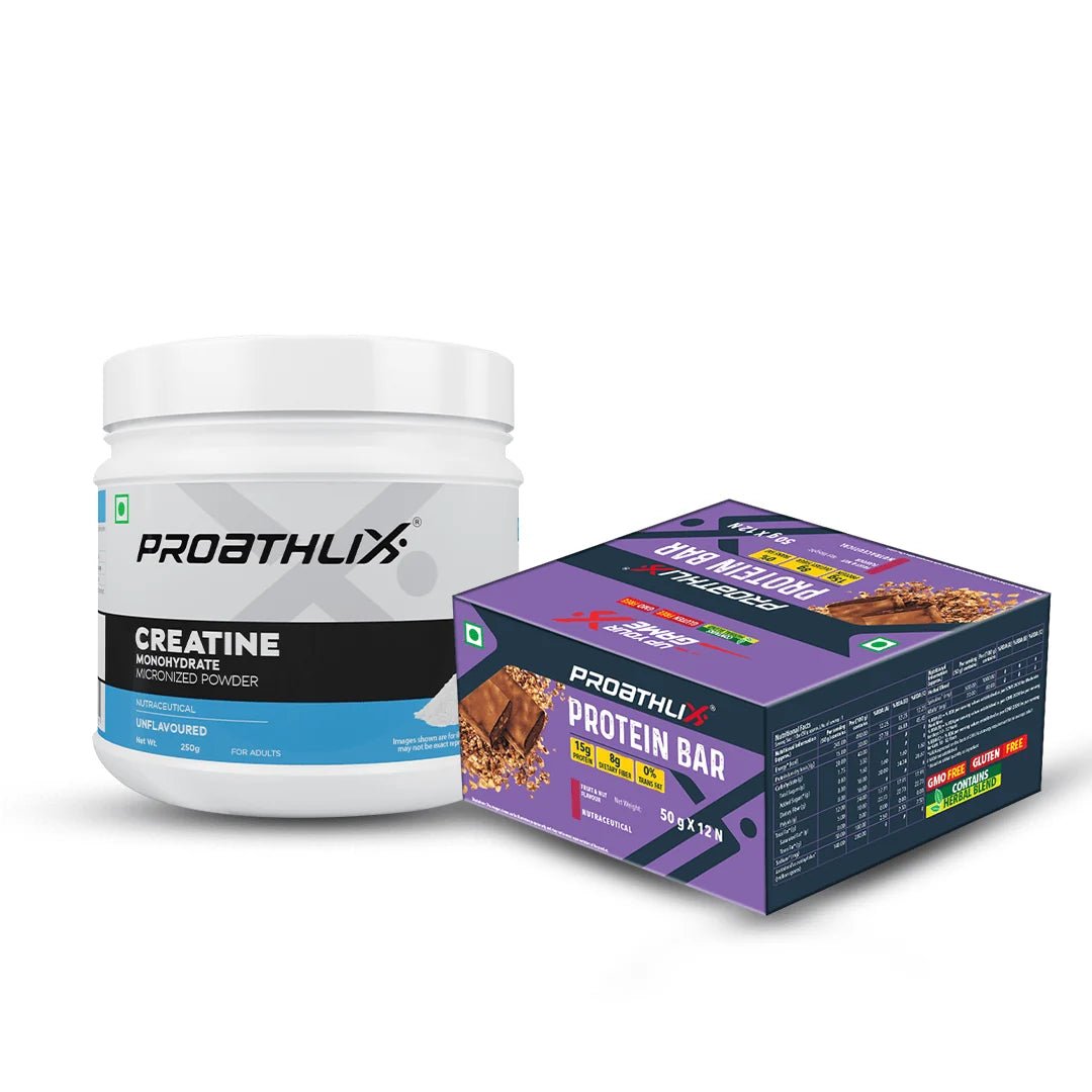 Creatine Monohydrate (250gm) + Protein Bar (Pack of 12, Fruit & Nut) - Proathlix