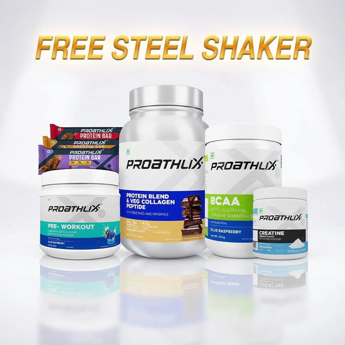 Protein Blend & Veg Collagen Peptide (Coffee, 2lbs) + Creatine Monohydrate (100g) + Preworkout (Lemon) + BCAA (Tropical Twist) + Protein Bar (3 Bars) - Proathlix