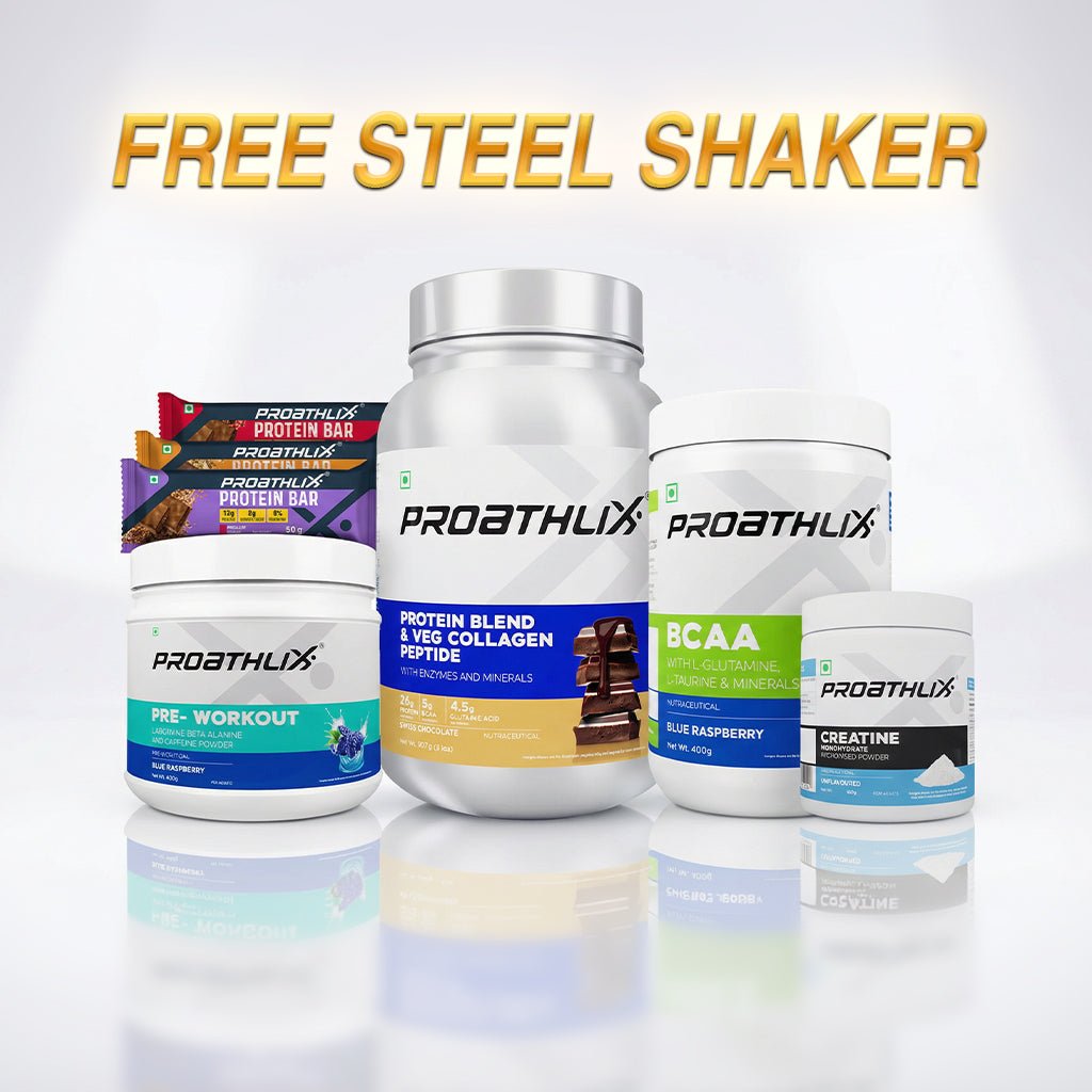 Protein Blend & Veg Collagen Peptide + Creatine Monohydrate 100g + Preworkout + BCAA + Protein Bar (Shaker Free) - Proathlix